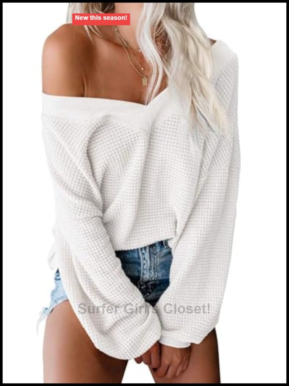 Oversized Off Shoulder Waffle Knit Sweater Top Bell Sleeve